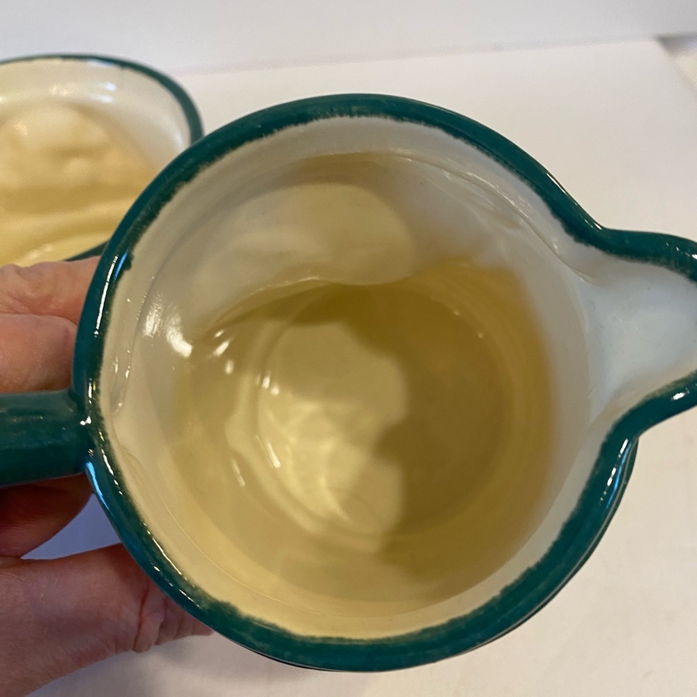 Vintage Hersey 1981 3pc Green White Glazed Ceramic Handcrafted Creamer Sugar Set - Picture 10 of 16